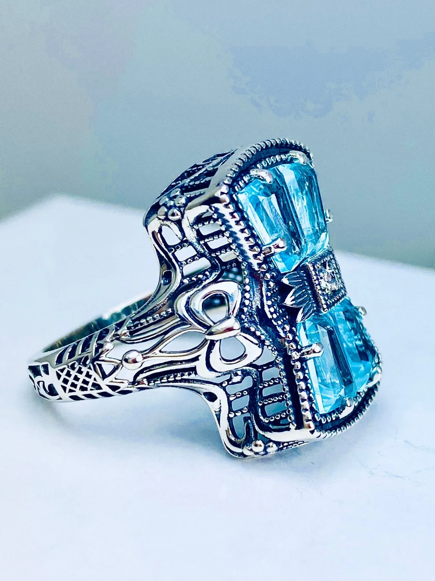 Aquamarine Ring, Size 8, Versailles Sterling Silver Bow & Baguette CZ Ring, Baroque Jewelry D595 - Ready to ship