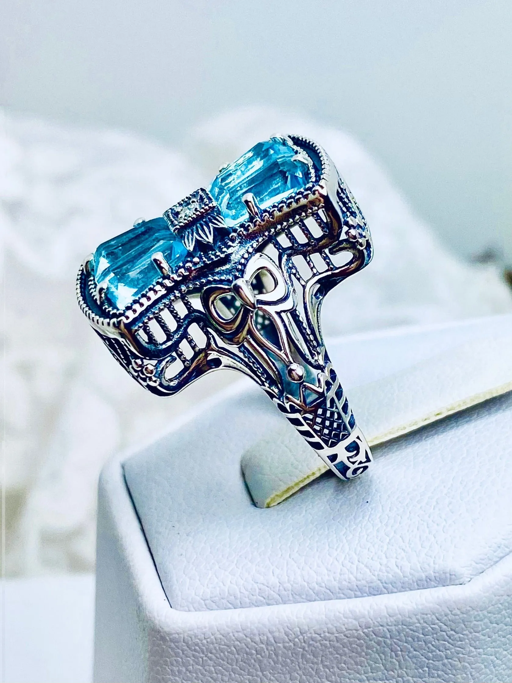Aquamarine Ring, Size 8, Versailles Sterling Silver Bow & Baguette CZ Ring, Baroque Jewelry D595 - Ready to ship