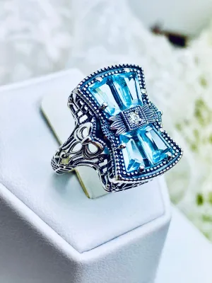 Aquamarine Ring, Versailles Sterling Silver Bow & Baguette CZ Ring, Baroque Jewelry D595
