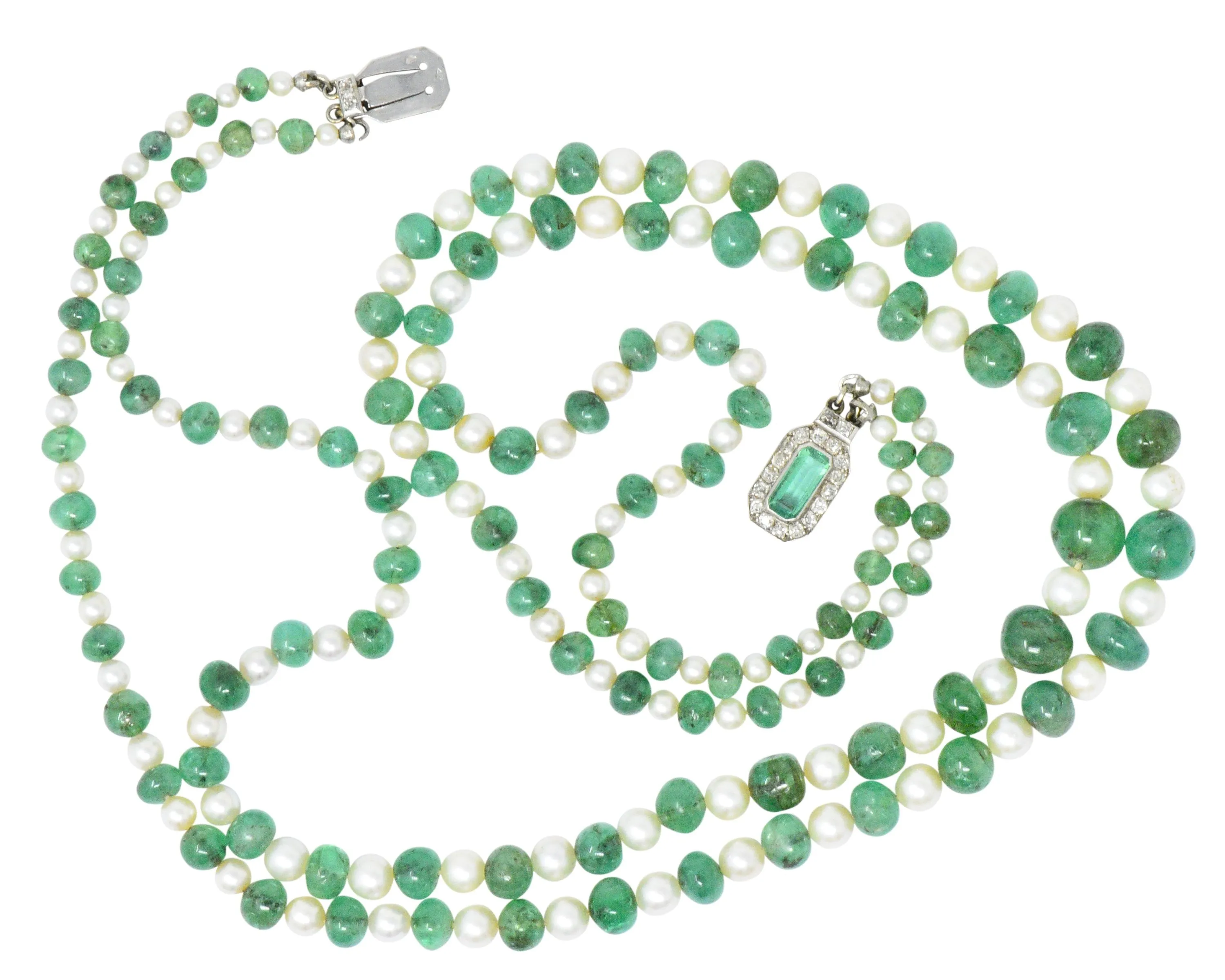 Art Deco French Diamond Emerald Cultured Pearl Platinum Double Strand Necklace