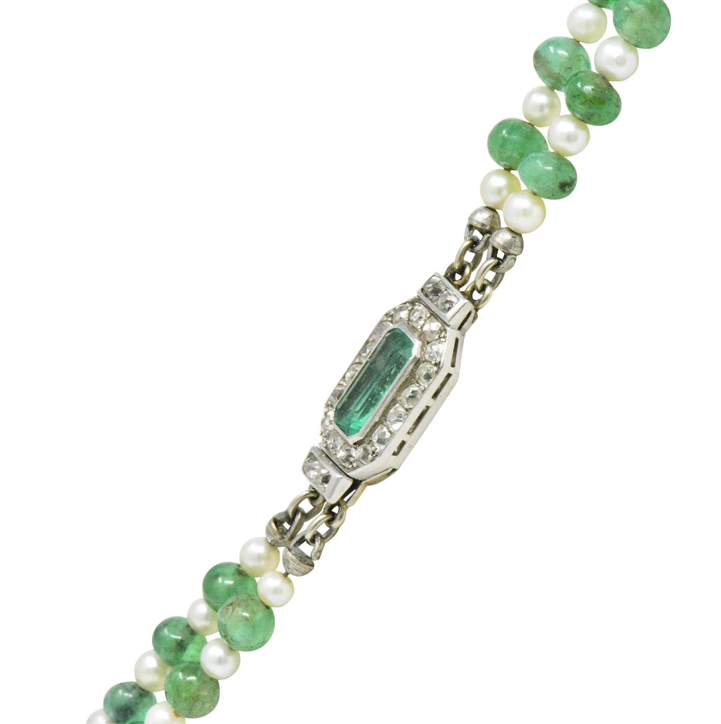 Art Deco French Diamond Emerald Cultured Pearl Platinum Double Strand Necklace