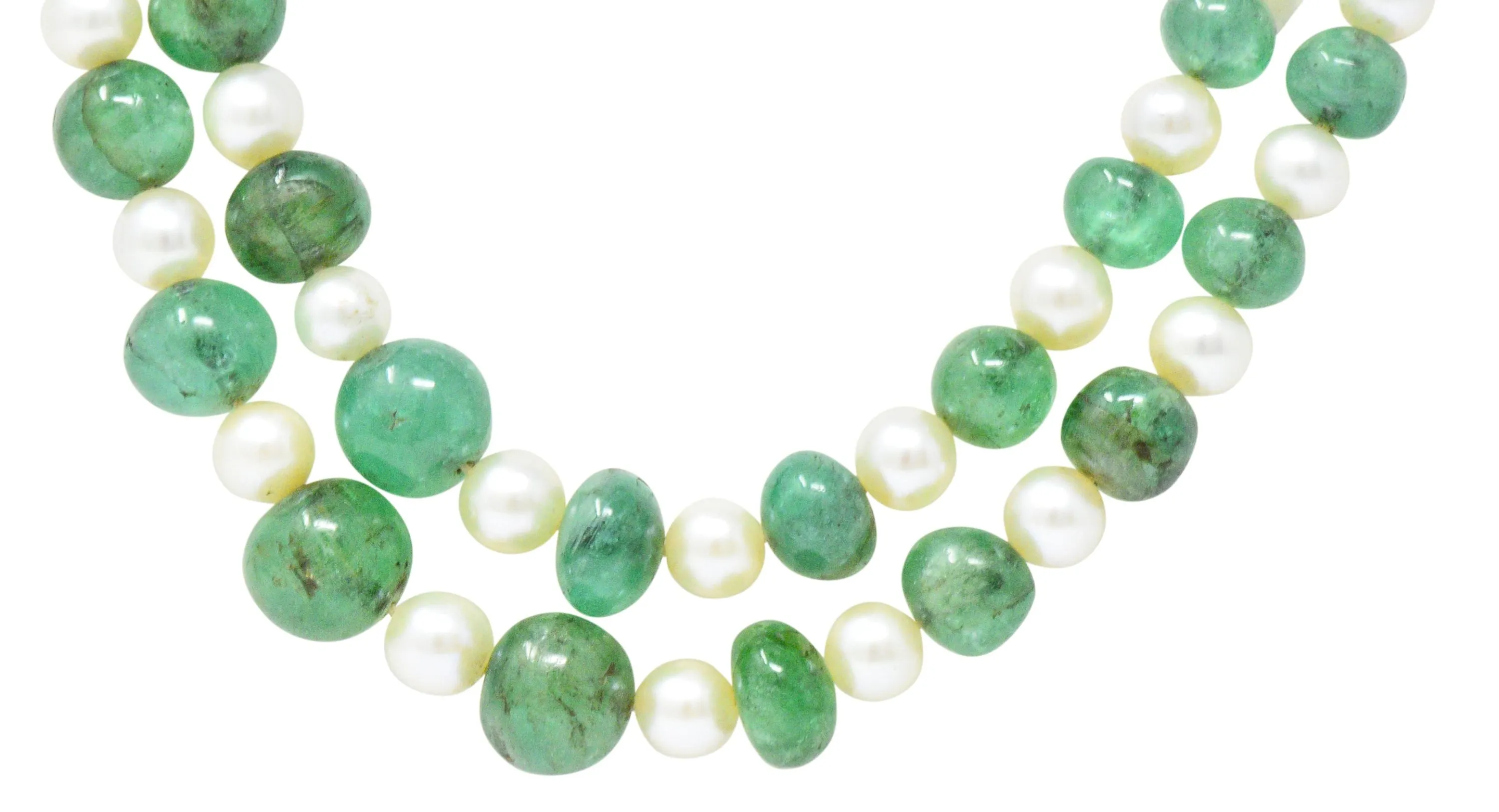 Art Deco French Diamond Emerald Cultured Pearl Platinum Double Strand Necklace