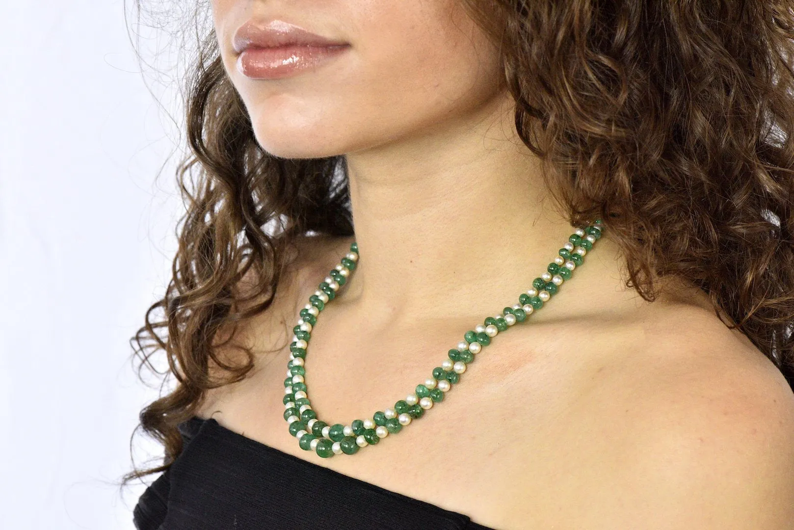 Art Deco French Diamond Emerald Cultured Pearl Platinum Double Strand Necklace