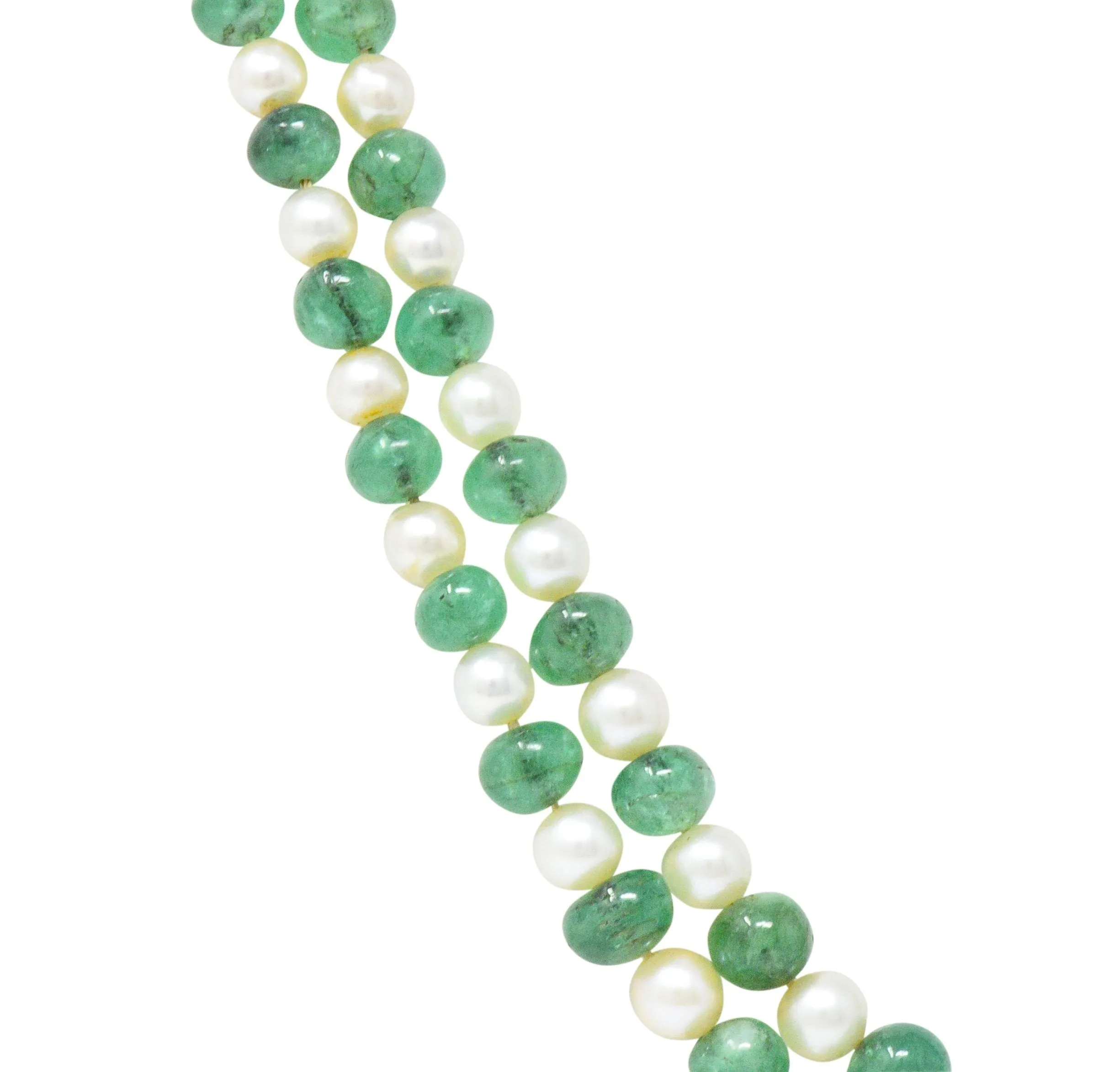 Art Deco French Diamond Emerald Cultured Pearl Platinum Double Strand Necklace