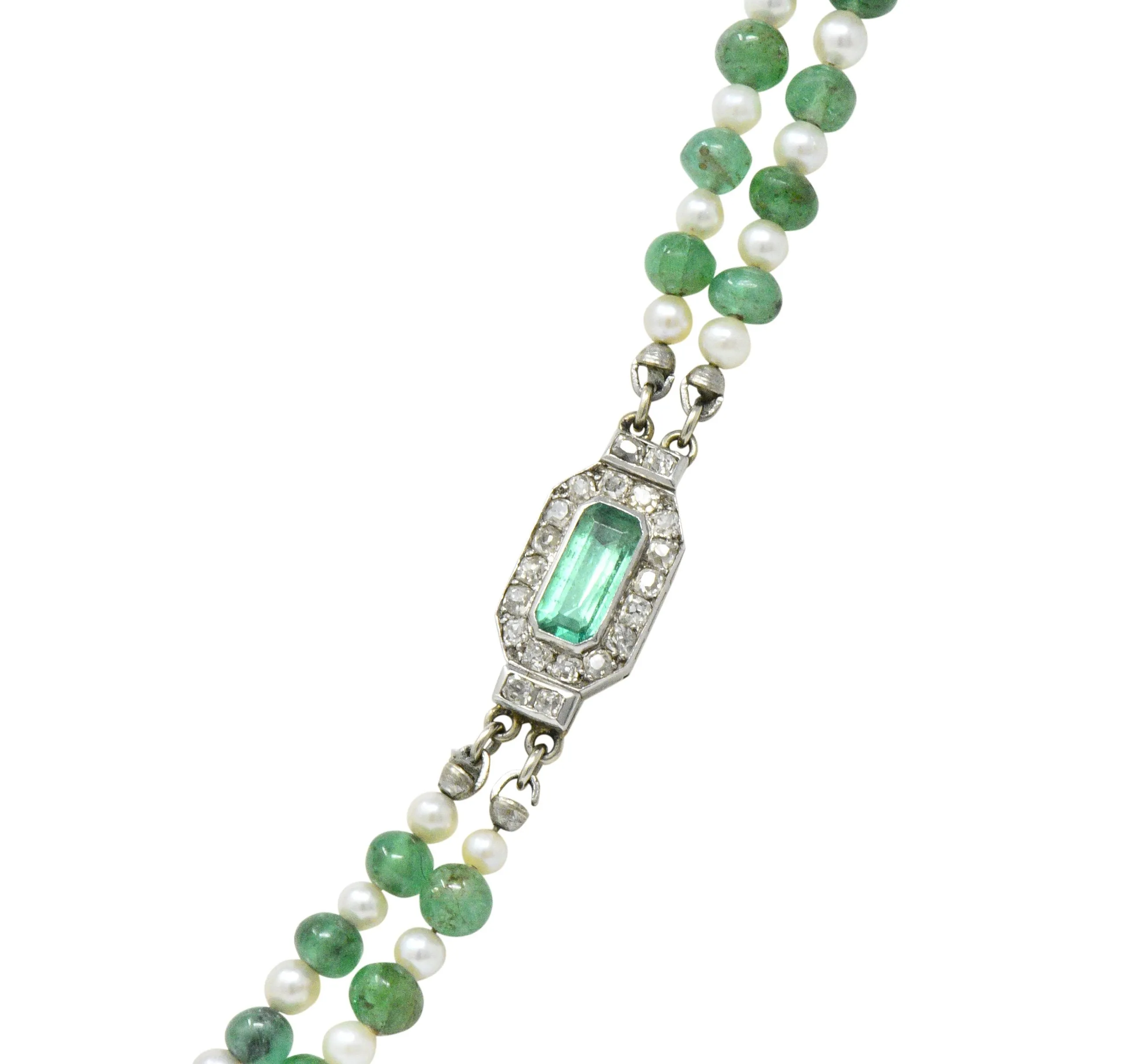 Art Deco French Diamond Emerald Cultured Pearl Platinum Double Strand Necklace