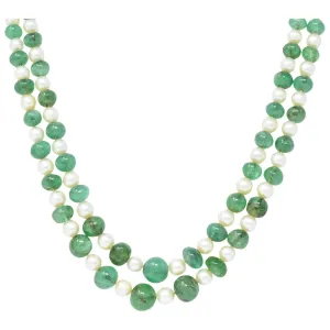 Art Deco French Diamond Emerald Cultured Pearl Platinum Double Strand Necklace