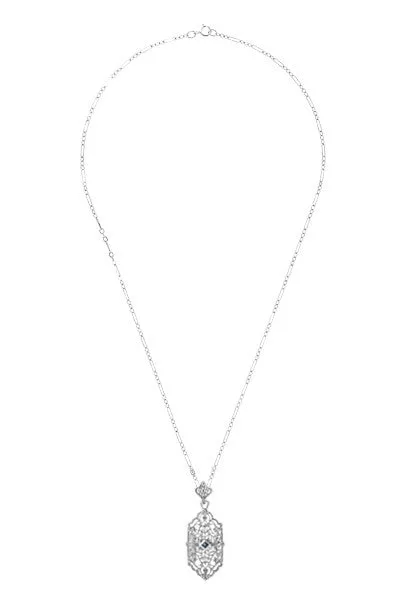 Art Deco Sapphire Filigree Pendant Necklace in Sterling Silver
