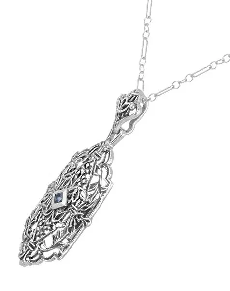 Art Deco Sapphire Filigree Pendant Necklace in Sterling Silver