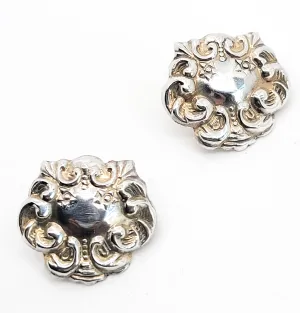 Art Nouveau style repousse shield sterling silver vintage earrings signed SE