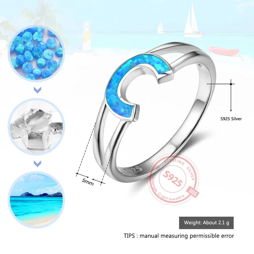 Authentic 925 Sterling Silver Rings with Blue Opal Stone Letter C Design – Trendy Jewelry Gift for Women
