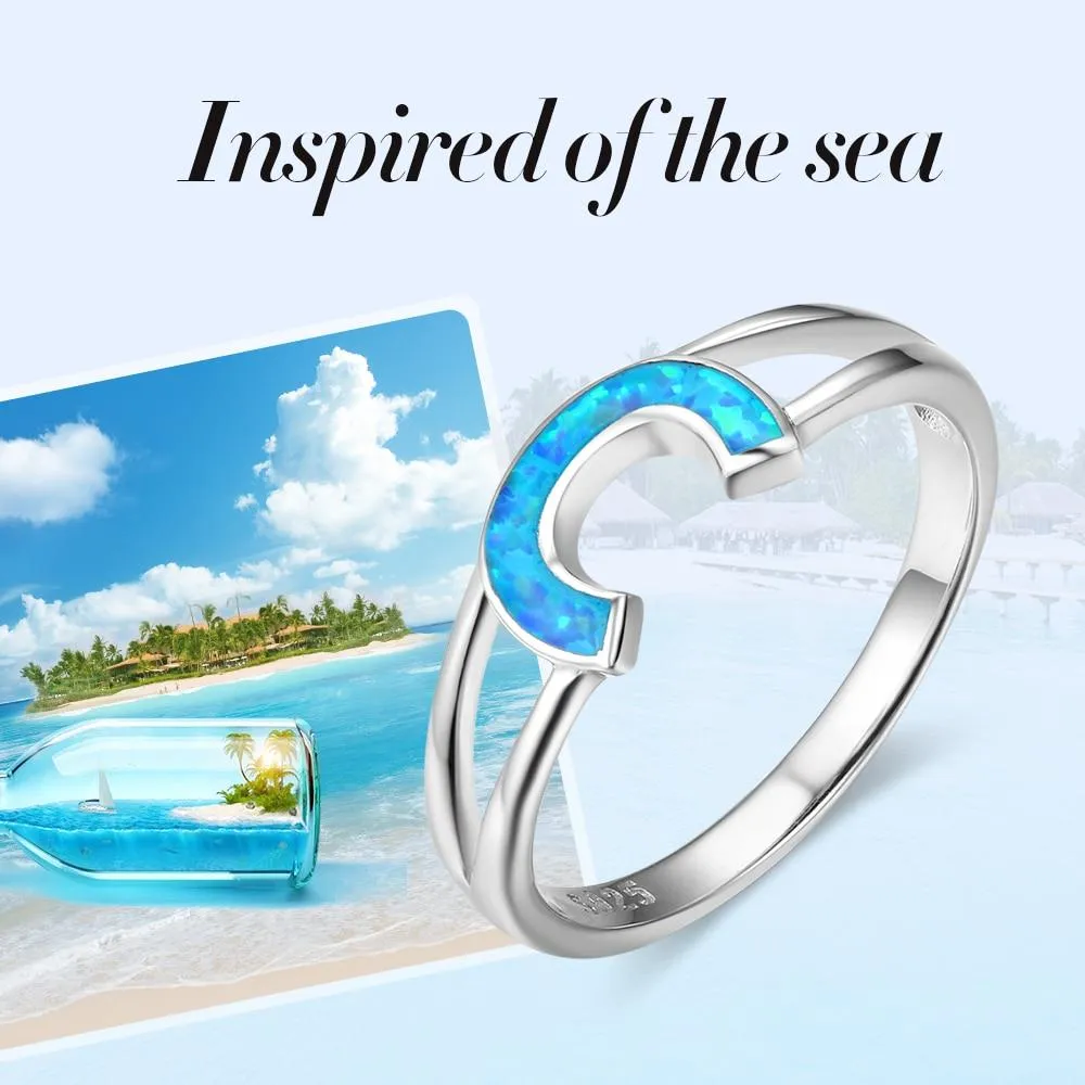 Authentic 925 Sterling Silver Rings with Blue Opal Stone Letter C Design – Trendy Jewelry Gift for Women