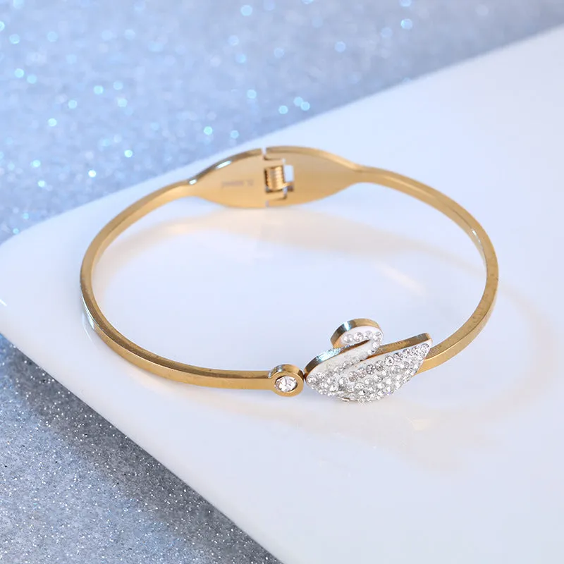 Authentic Crystal Swan Gold Plated Stainless Steel Bangle bracelet for Women