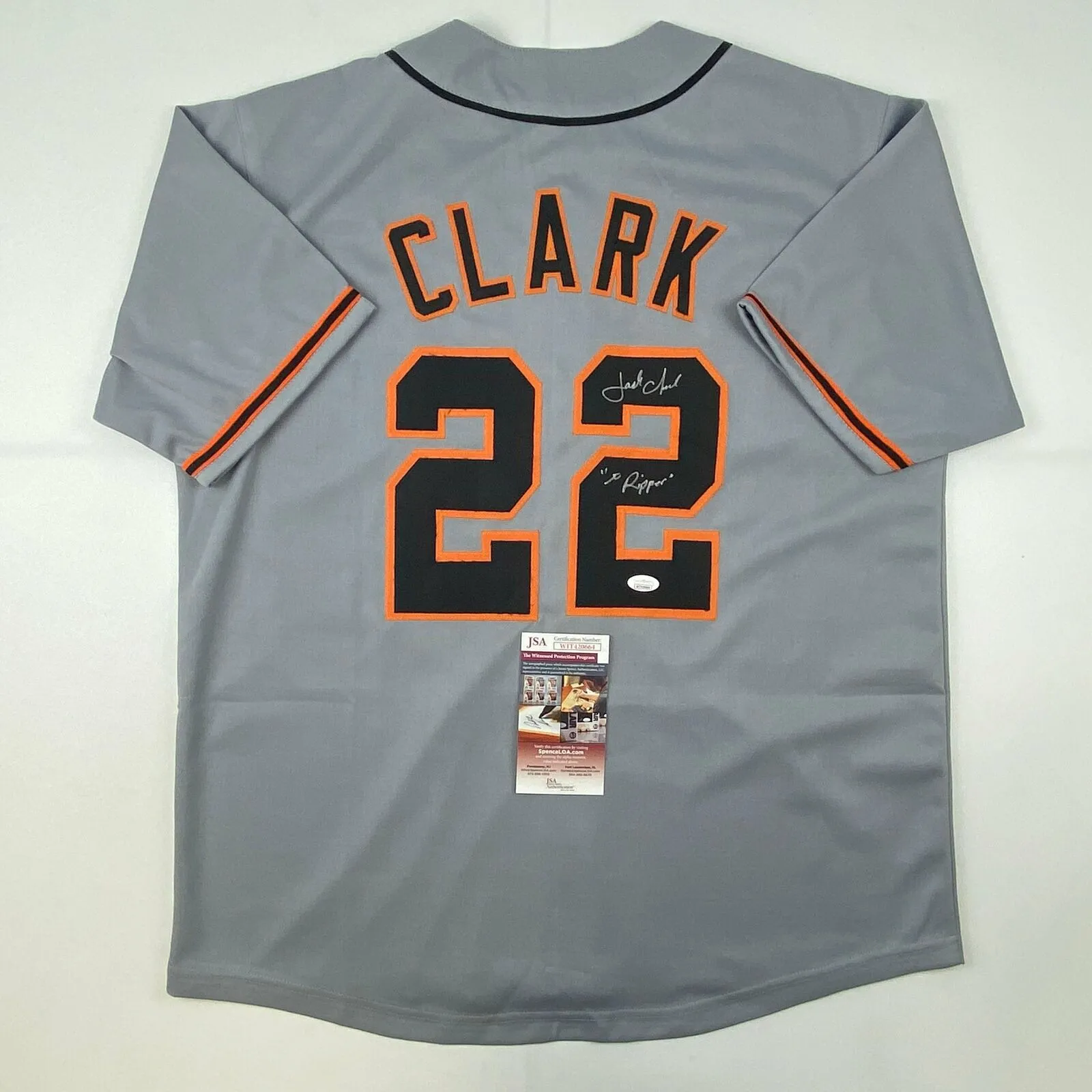 Autographed/Signed Jack Clark The Ripper San Francisco Grey Jersey JSA COA Auto