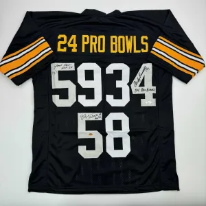 Autographed/Signed Jack Ham, Jack Lambert, and Andy Russell Black Jersey JSA COA