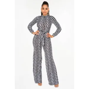 Bad to the Bone Belted Elegant Mock Wide Leg Print Jumpsuit