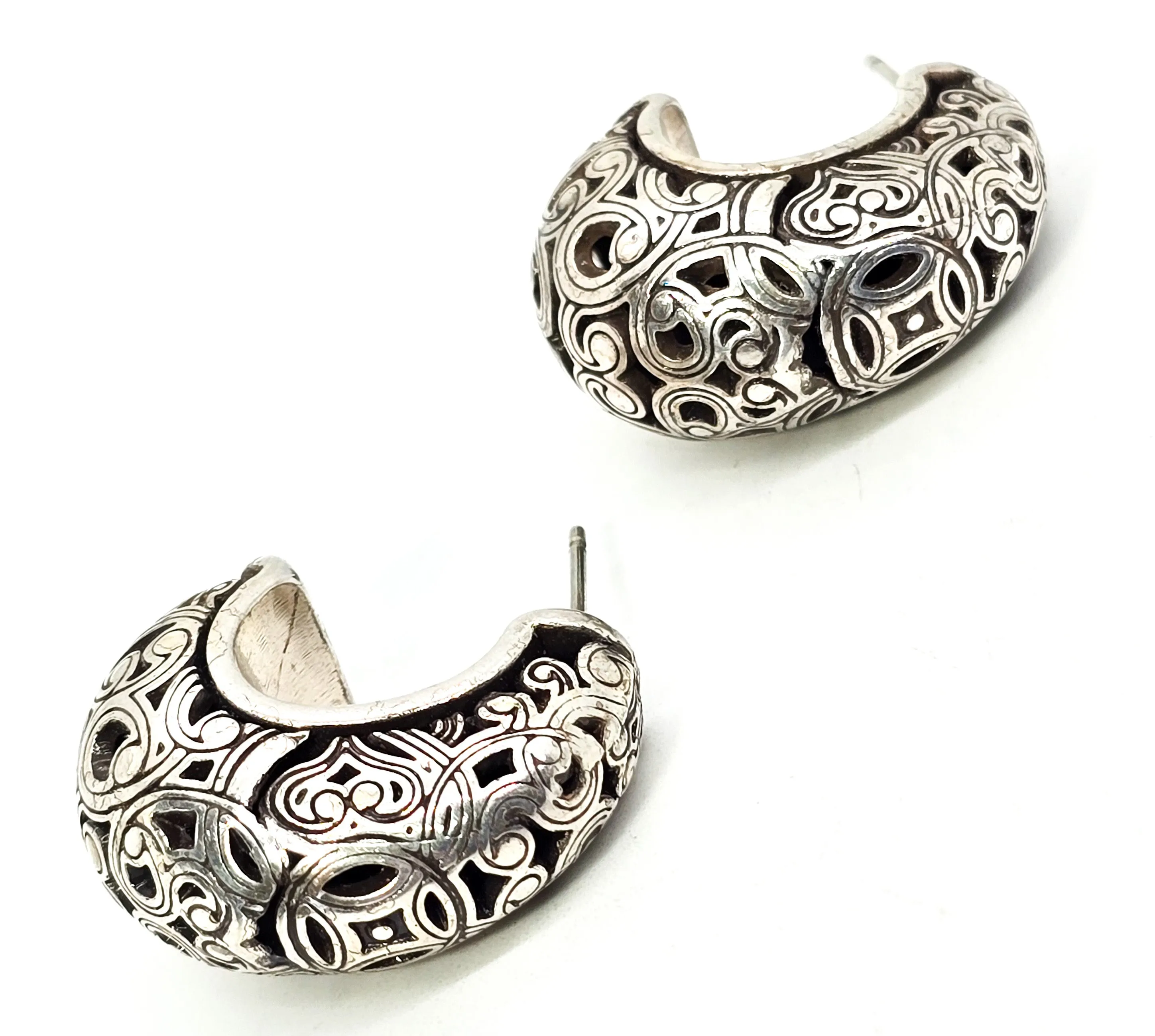 Balinese Tribal Open work filigree sterling silver plated retro hoop earrings