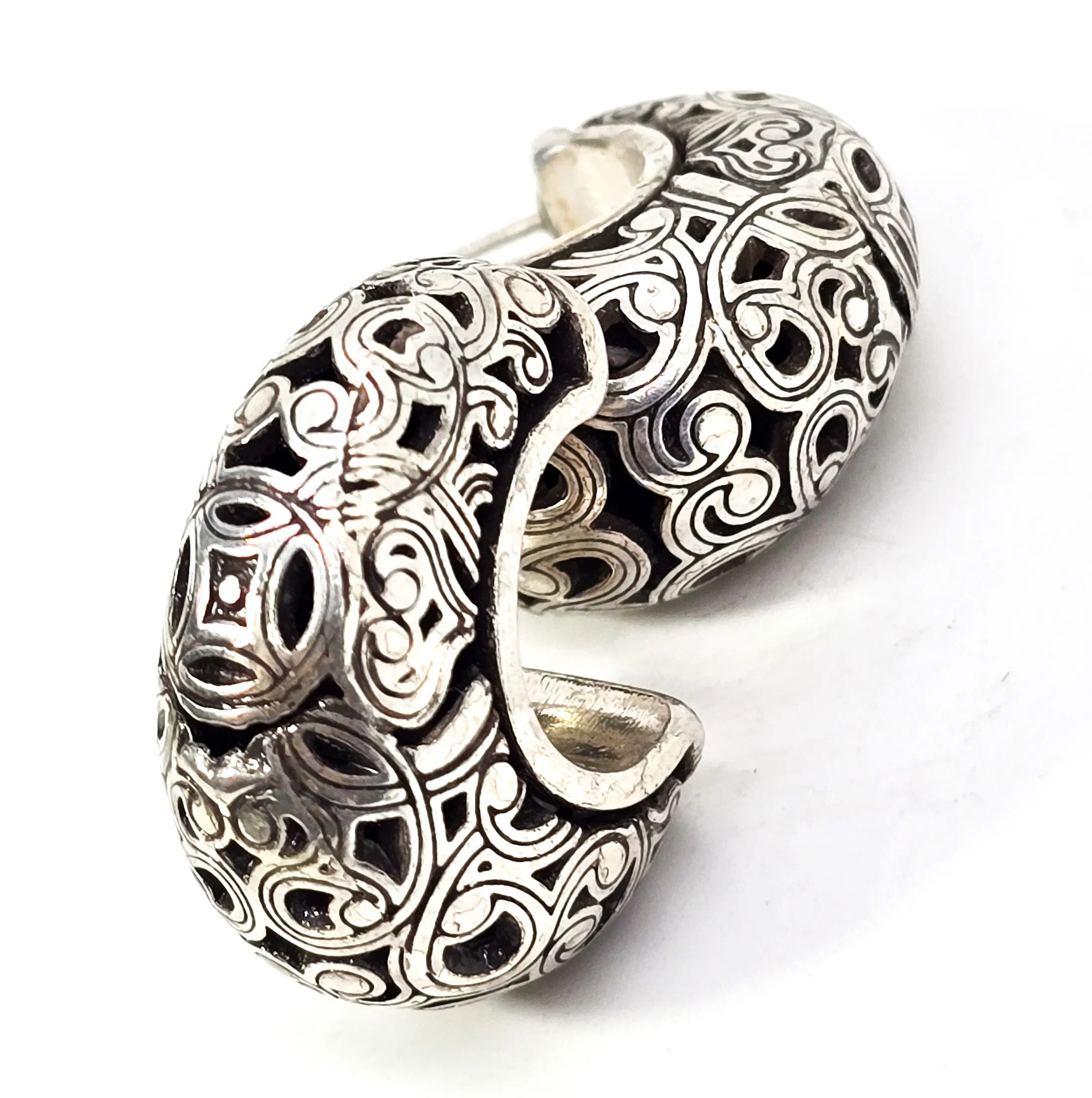Balinese Tribal Open work filigree sterling silver plated retro hoop earrings