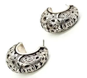 Balinese Tribal Open work filigree sterling silver plated retro hoop earrings