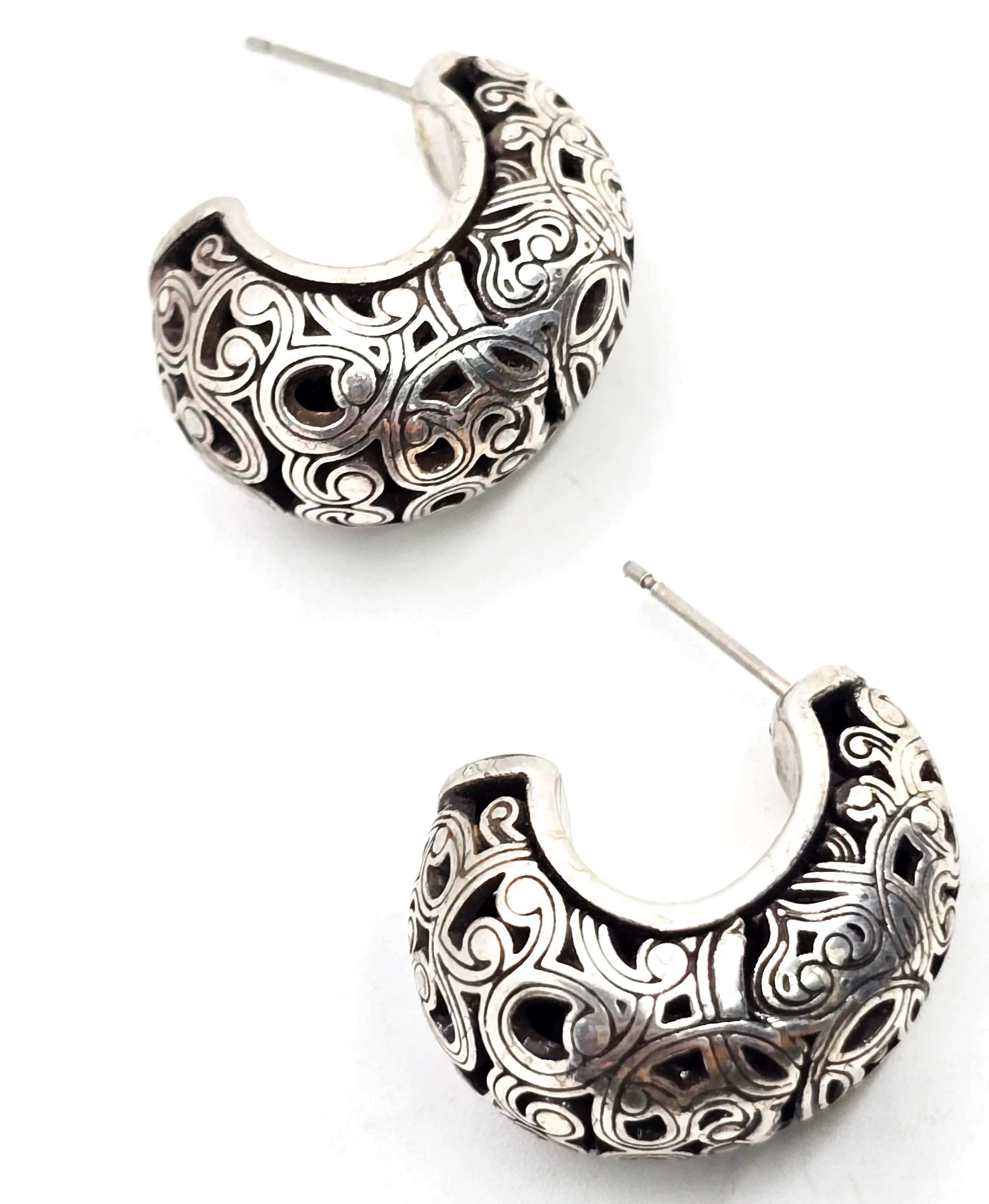 Balinese Tribal Open work filigree sterling silver plated retro hoop earrings