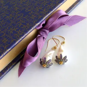 Baroque Flameball Pearls Amethyst Rhodium Bead Cap Earrings - Chantilly Amethyst Earrings
