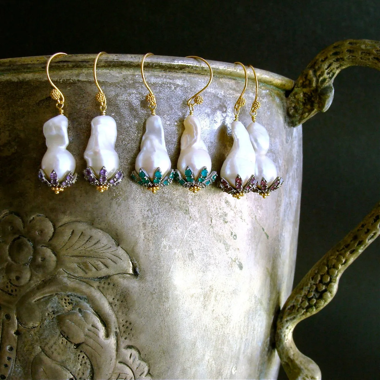 Baroque Flameball Pearls Amethyst Rhodium Bead Cap Earrings - Chantilly Amethyst Earrings