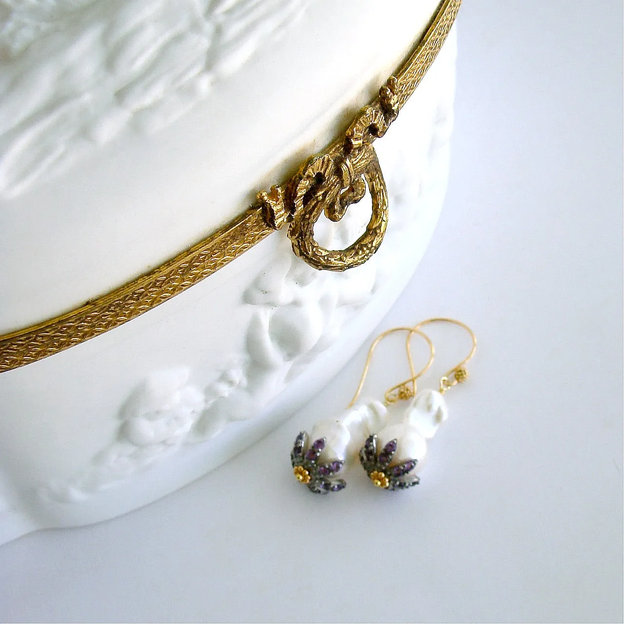 Baroque Flameball Pearls Amethyst Rhodium Bead Cap Earrings - Chantilly Amethyst Earrings