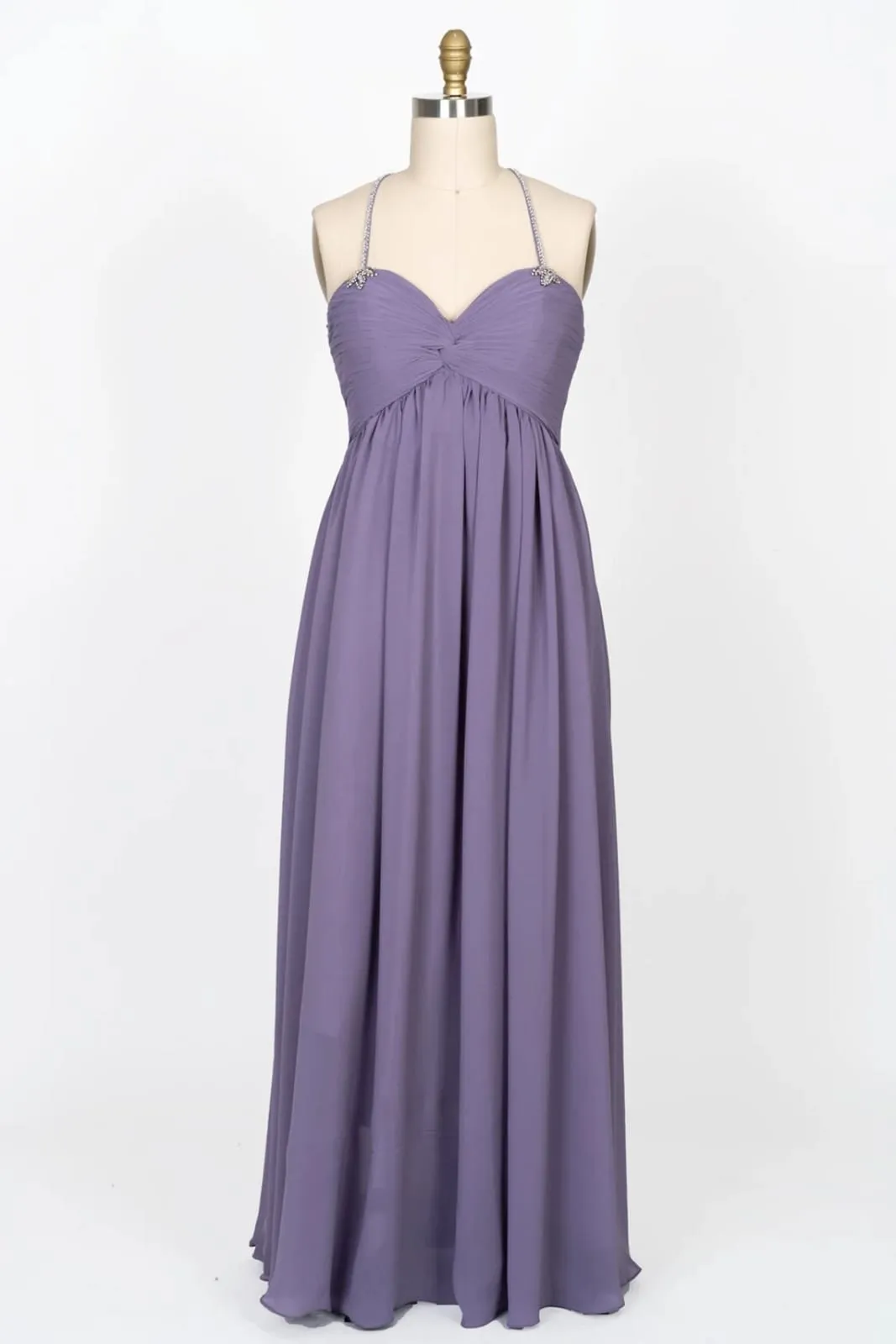 Beaded Strap Sweetheart Twist Knot Violet Chiffon Bridesmaid Dress