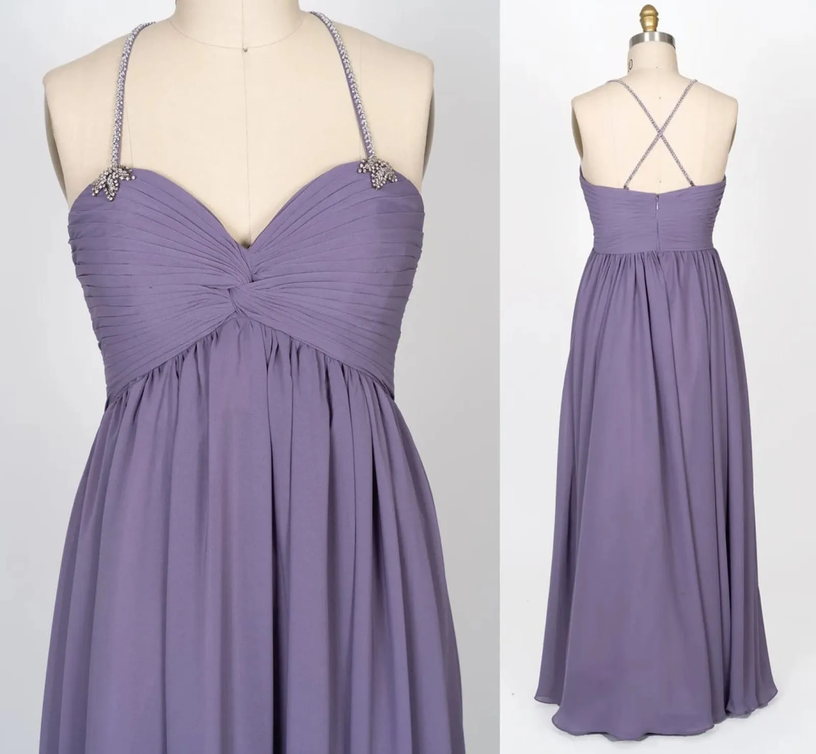 Beaded Strap Sweetheart Twist Knot Violet Chiffon Bridesmaid Dress