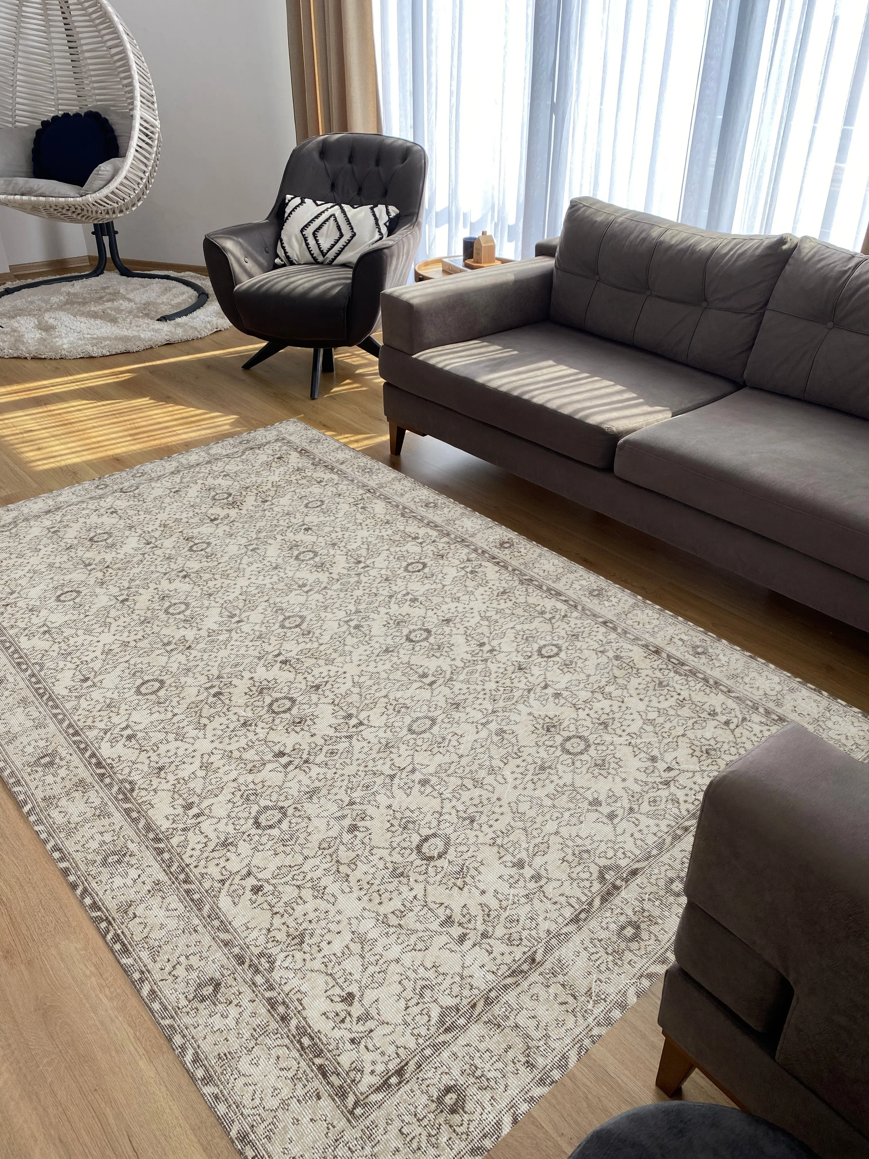 Beige Over Dyed Rug  I Retro Design Rug | Turkish Rug | Hand Weaving Rug  | Living Room Rug | Wool Rug | Vintage Rug | Tumbled Rug  | Naturel Rug | Boho Rug I   5'11'' x 10'3'' ft 181 x 313 cm