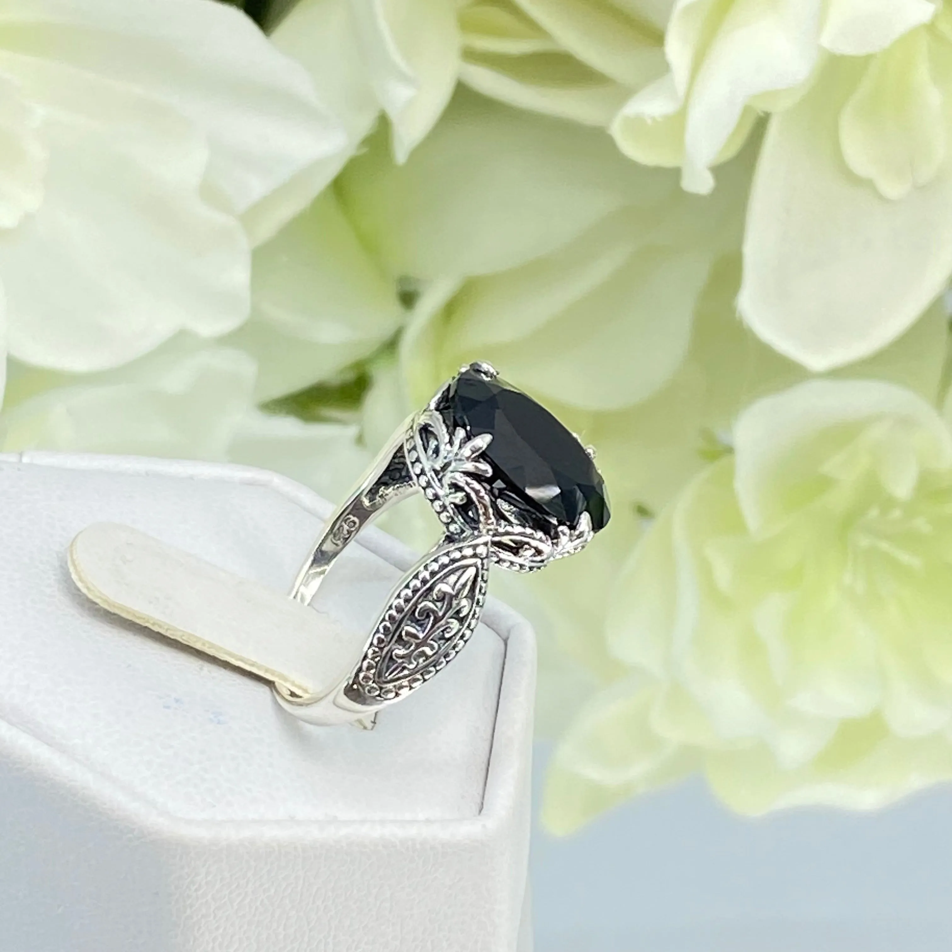 Black Onyx Ring, Size 7.5, CZ Gem, Dragon Gothic Jewelry #D133 - Ready to Ship