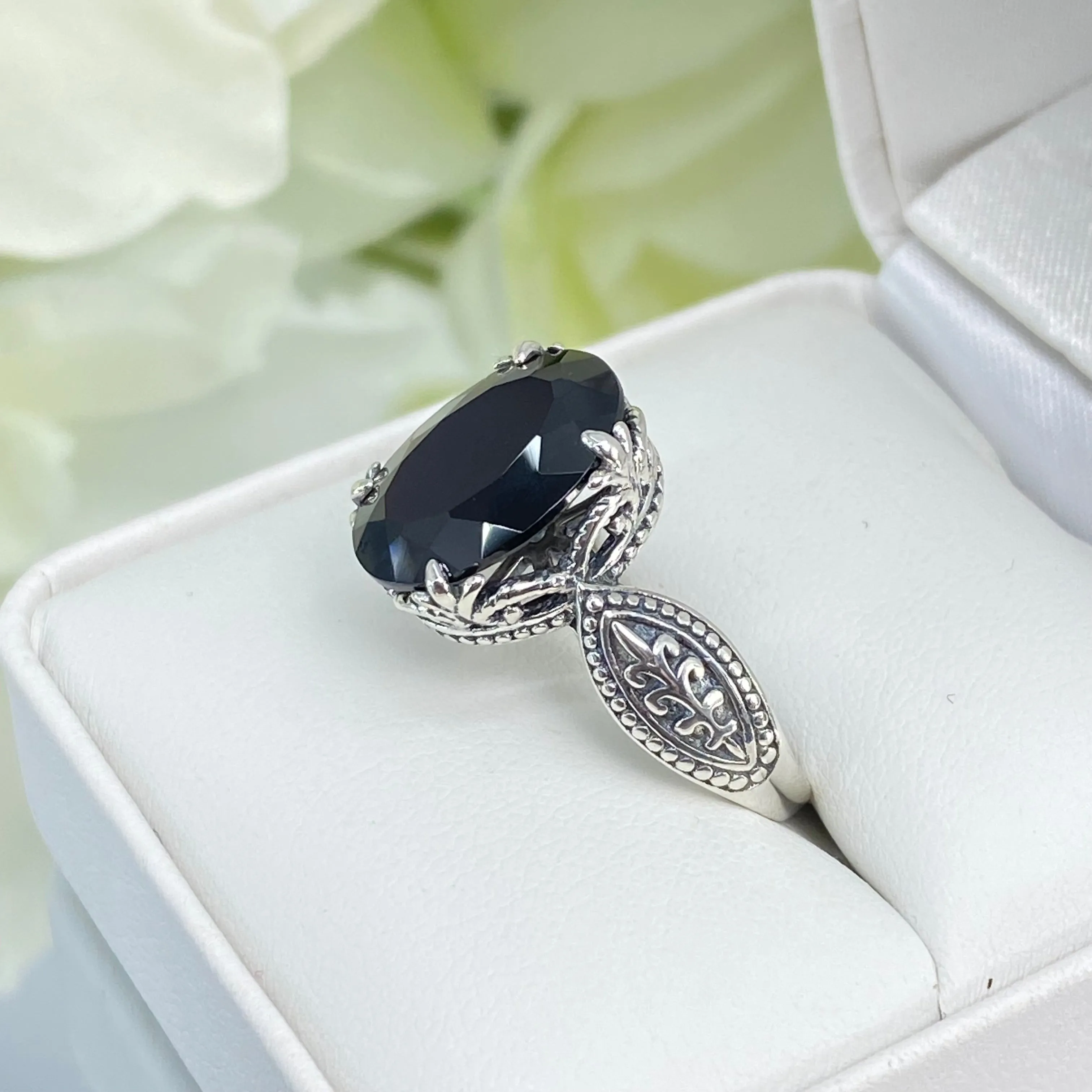 Black Onyx Ring, Size 7.5, CZ Gem, Dragon Gothic Jewelry #D133 - Ready to Ship
