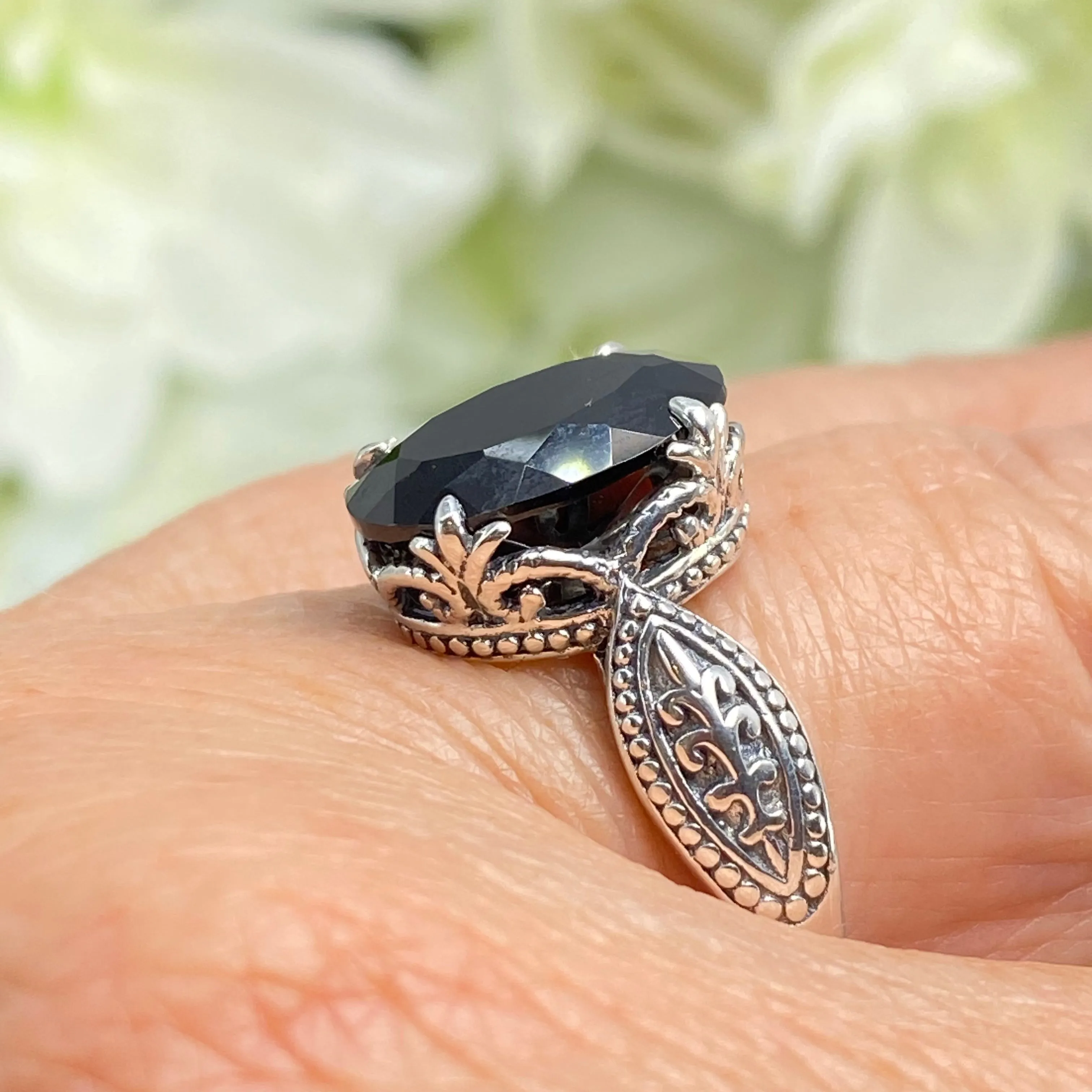 Black Onyx Ring, Size 7.5, CZ Gem, Dragon Gothic Jewelry #D133 - Ready to Ship