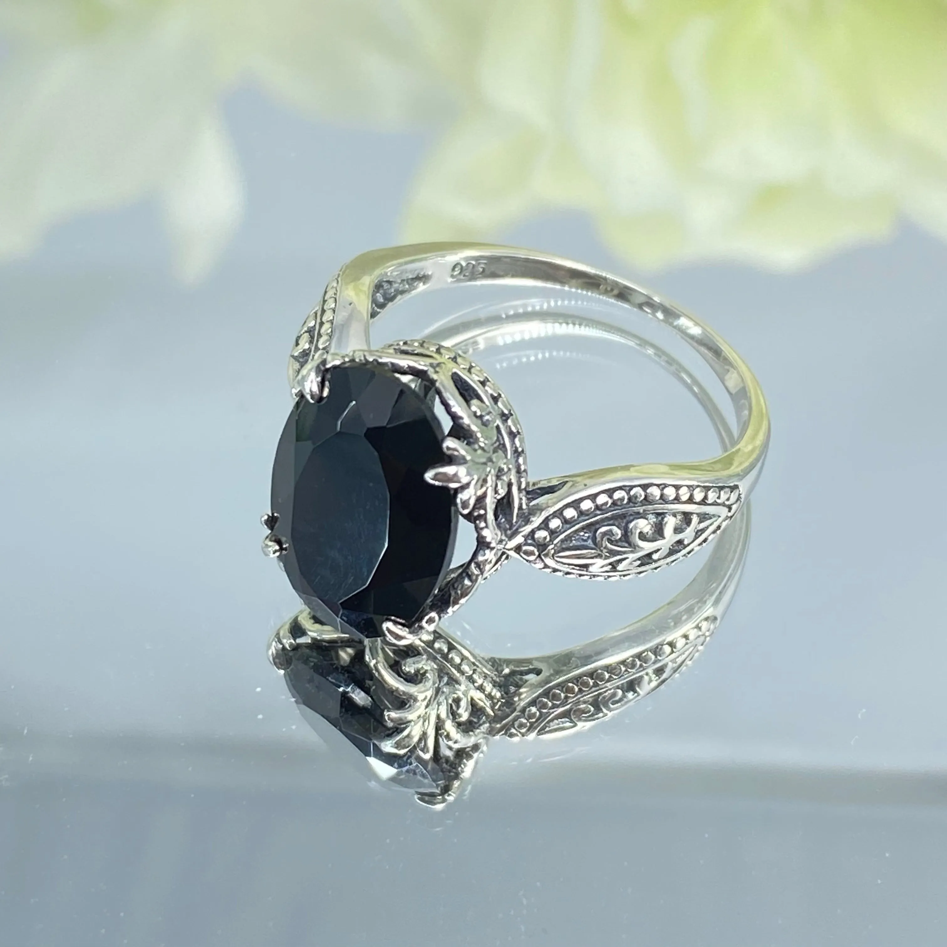 Black Onyx Ring, Size 7.5, CZ Gem, Dragon Gothic Jewelry #D133 - Ready to Ship