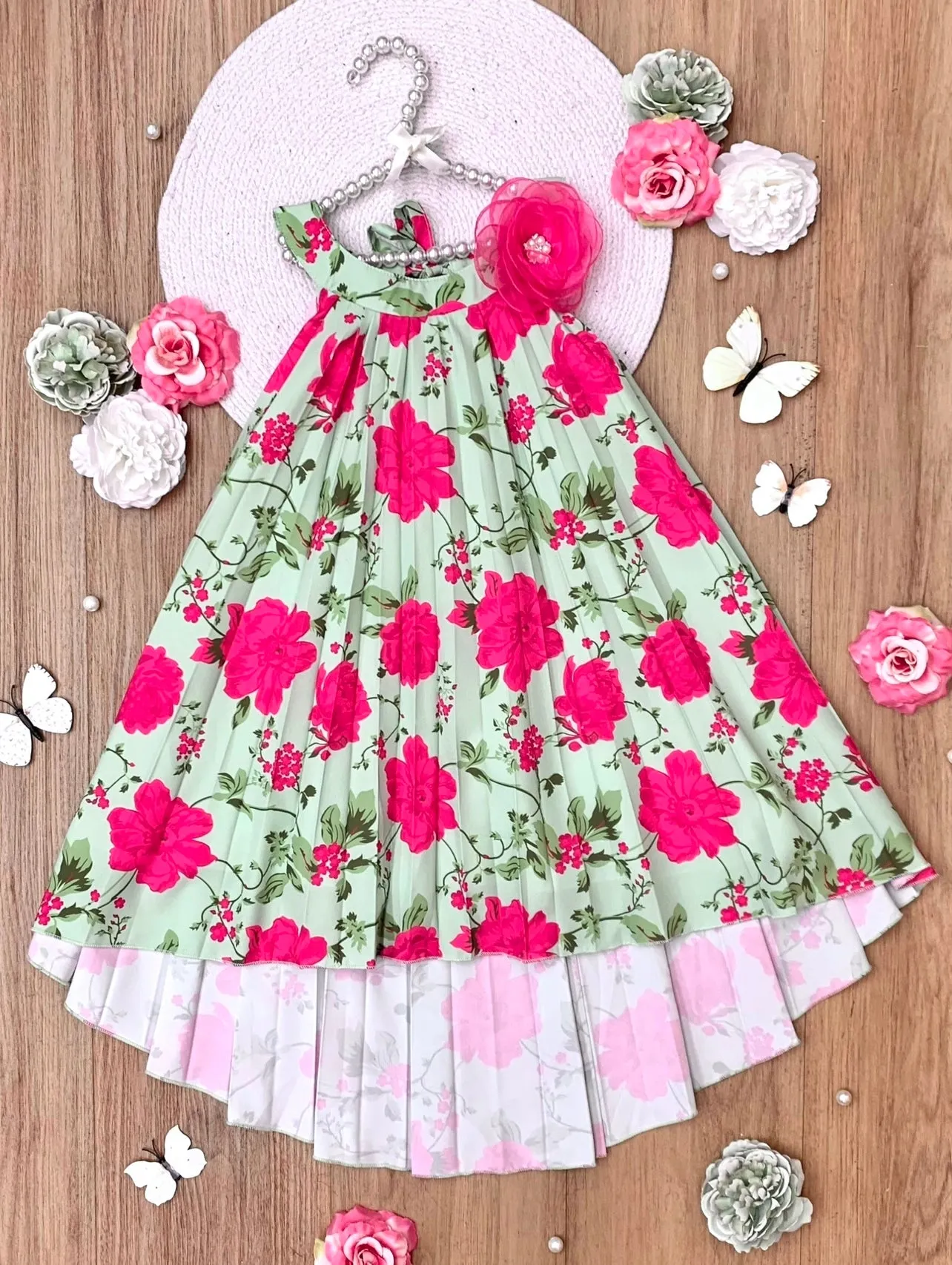 Blooming Garden Pleated Hi-Lo Dress