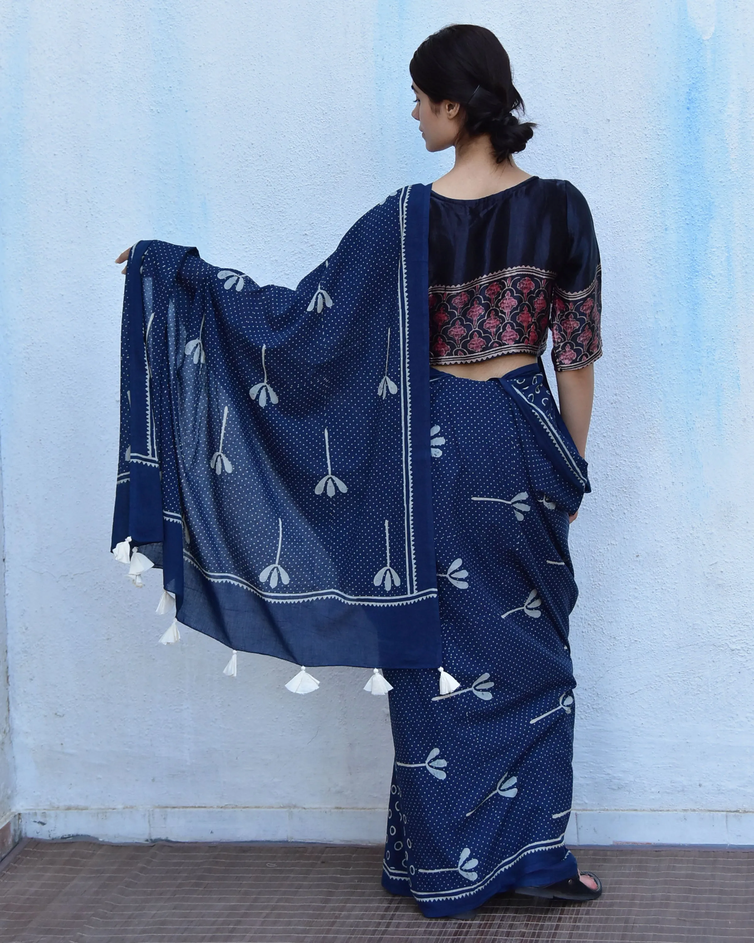 Blue Floret Hand Blockprinted Cotton Saree