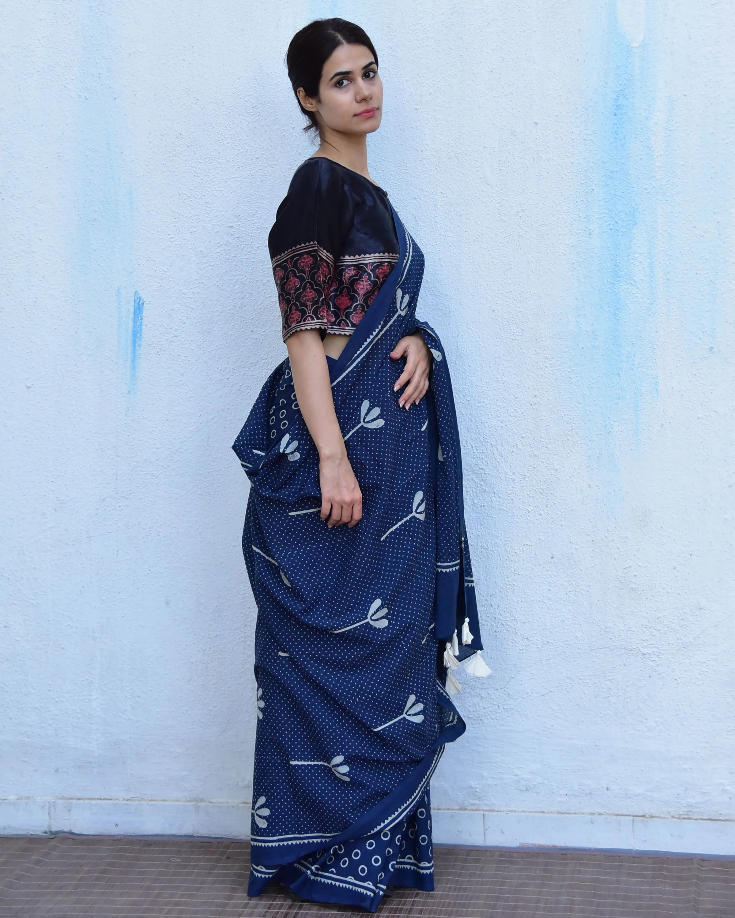 Blue Floret Hand Blockprinted Cotton Saree