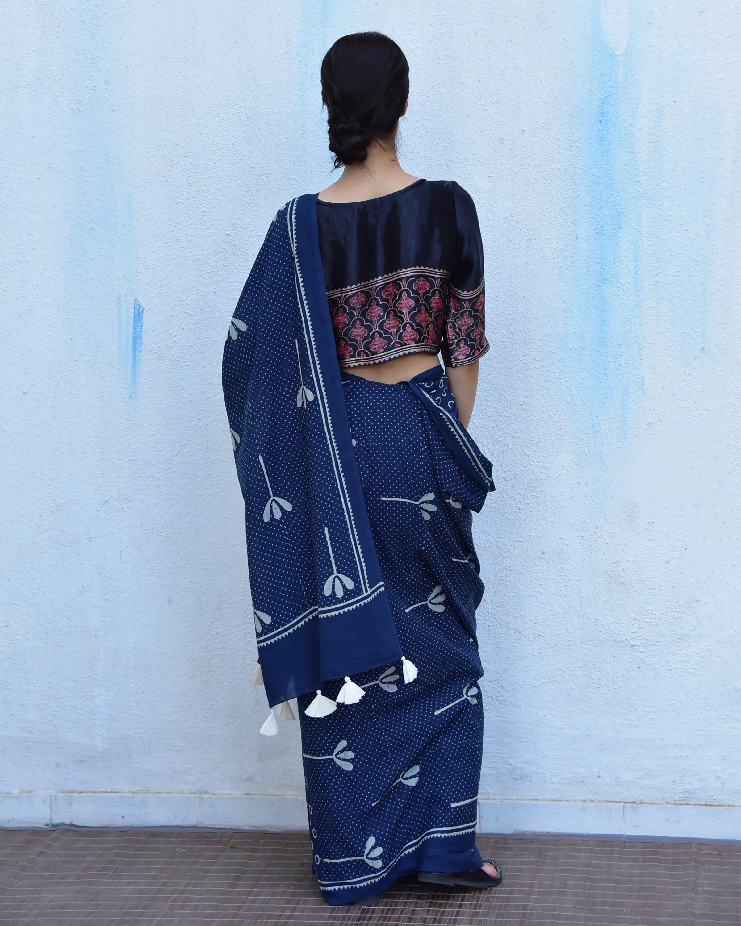 Blue Floret Hand Blockprinted Cotton Saree