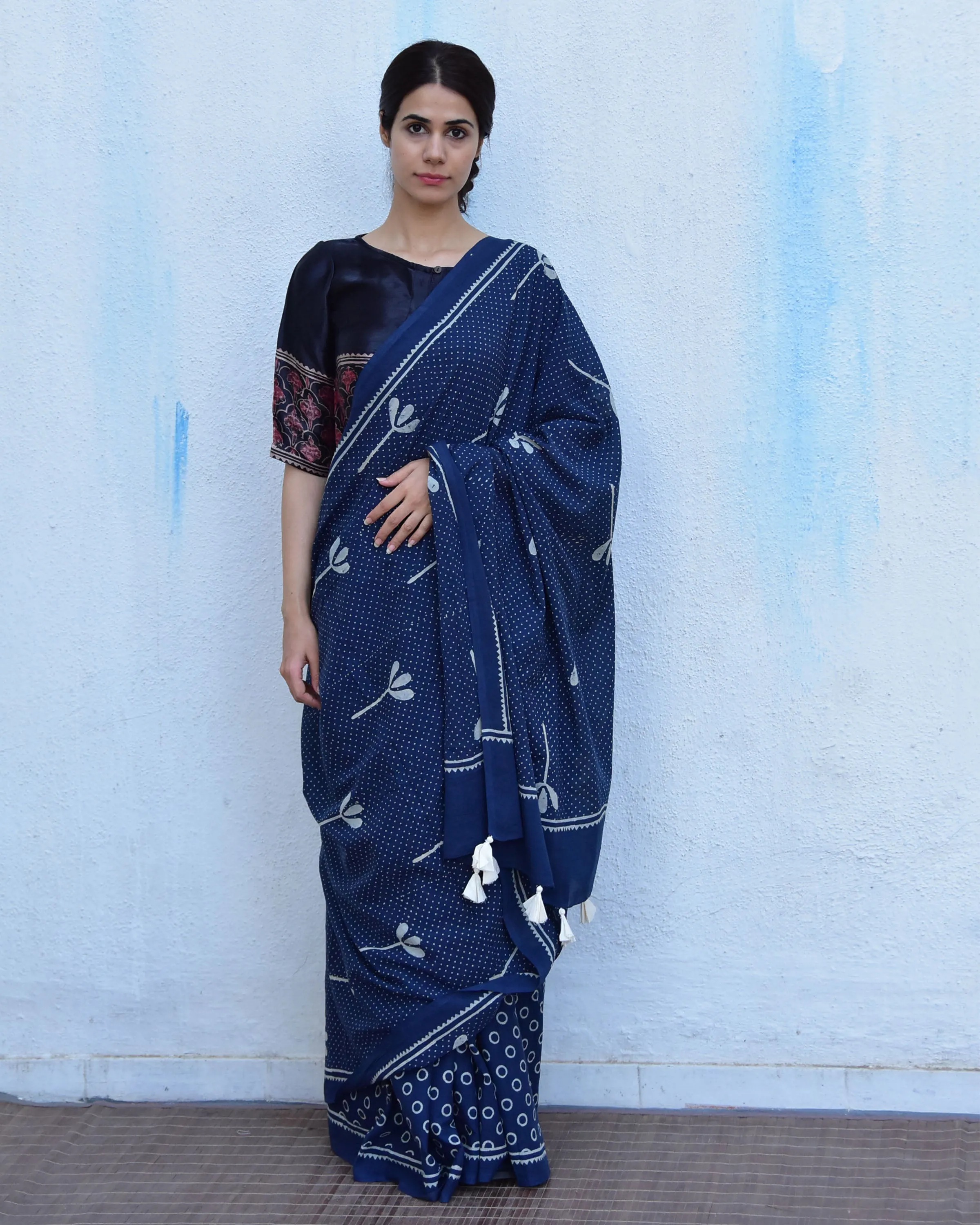 Blue Floret Hand Blockprinted Cotton Saree