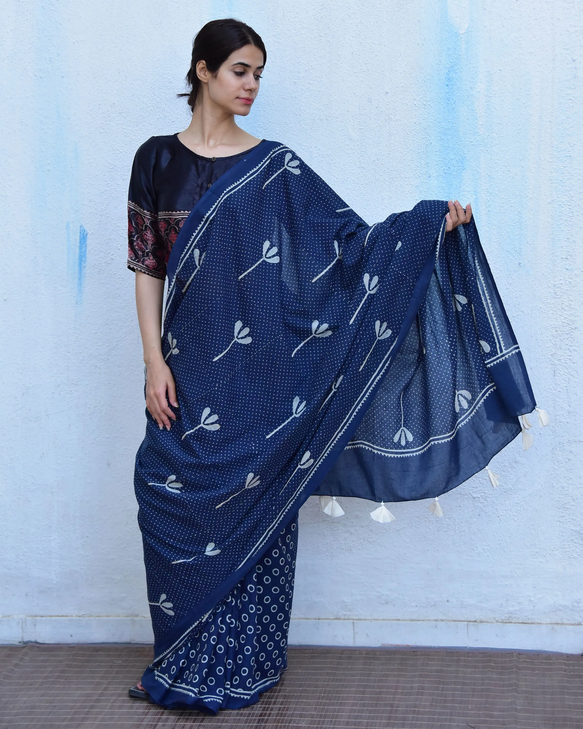Blue Floret Hand Blockprinted Cotton Saree