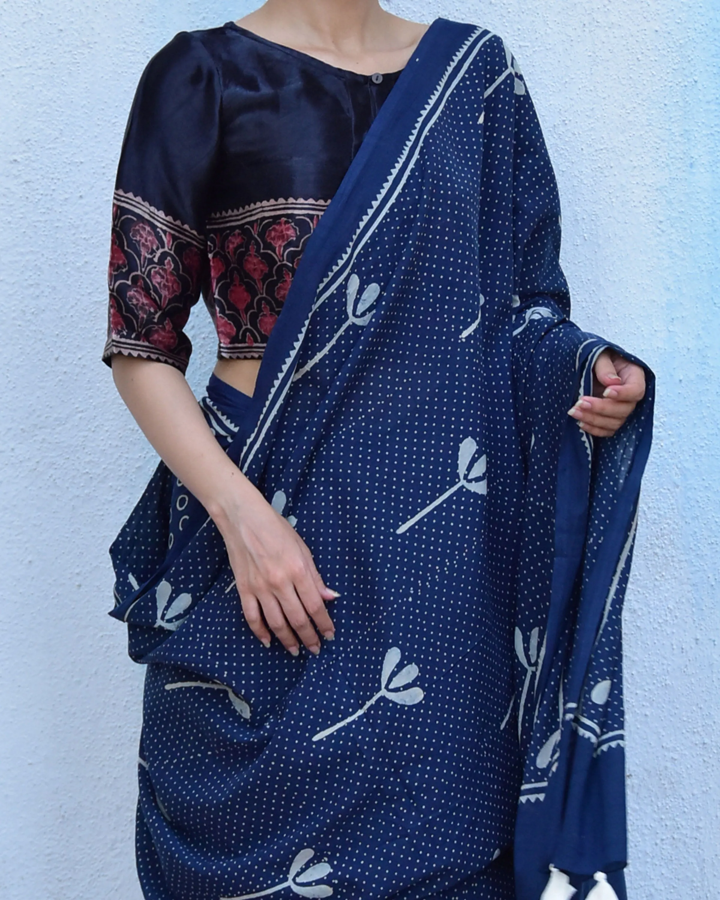 Blue Floret Hand Blockprinted Cotton Saree
