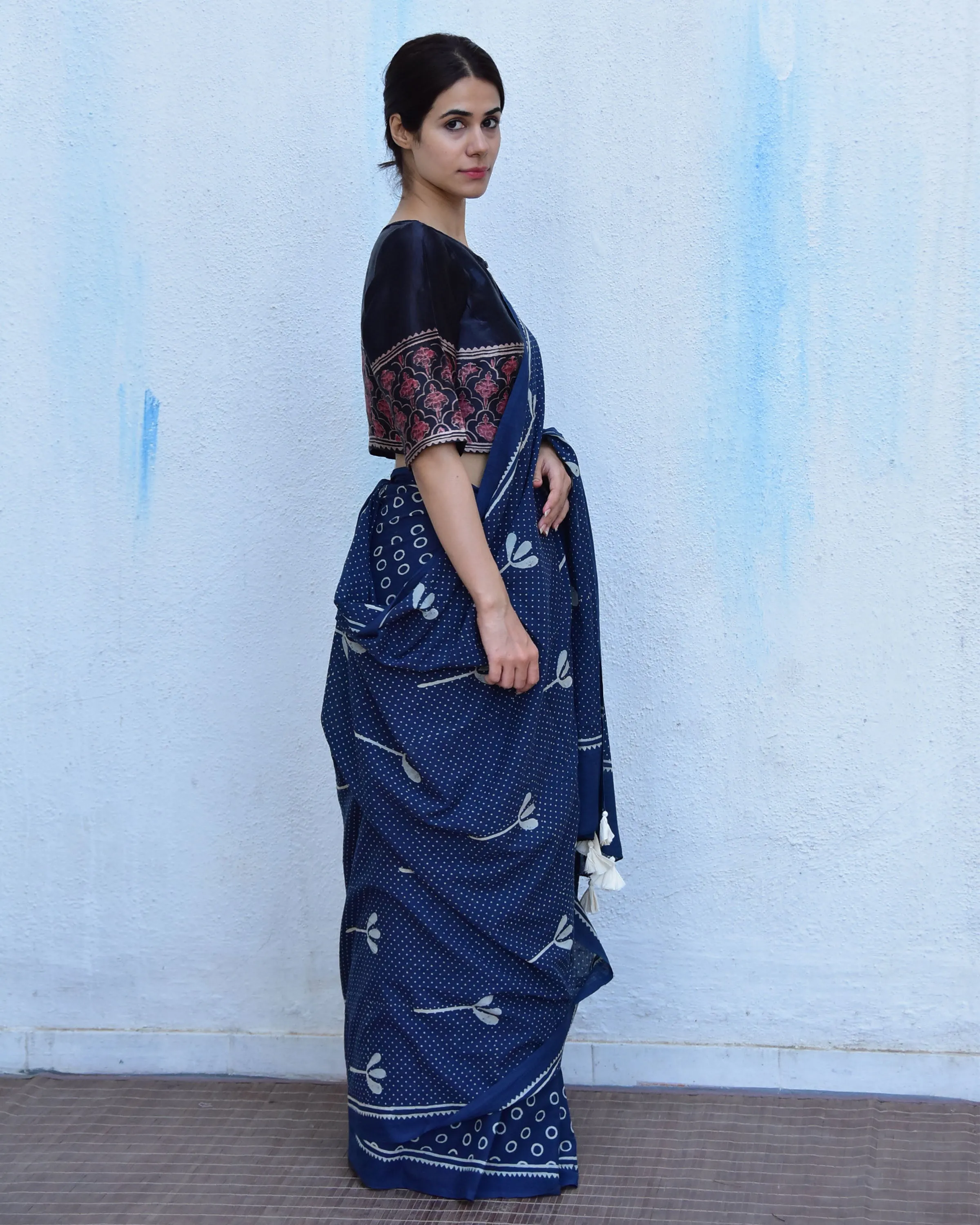 Blue Floret Hand Blockprinted Cotton Saree