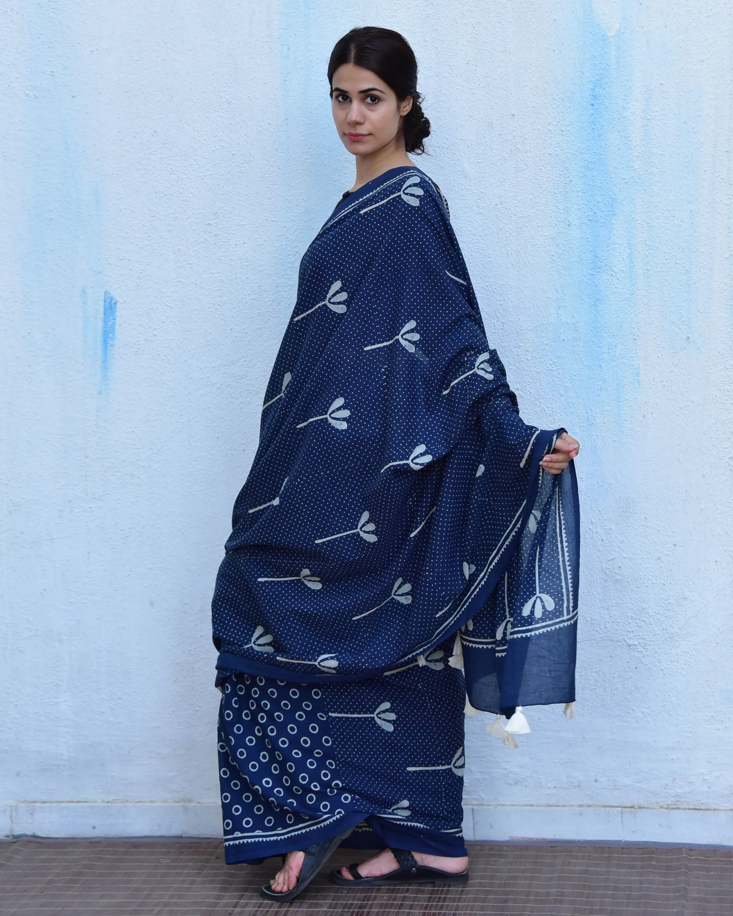 Blue Floret Hand Blockprinted Cotton Saree