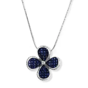 Blue Sapphire And Diamond Flower Pendant Necklace In 18k White Gold