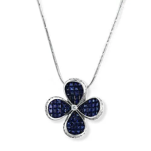Blue Sapphire And Diamond Flower Pendant Necklace In 18k White Gold