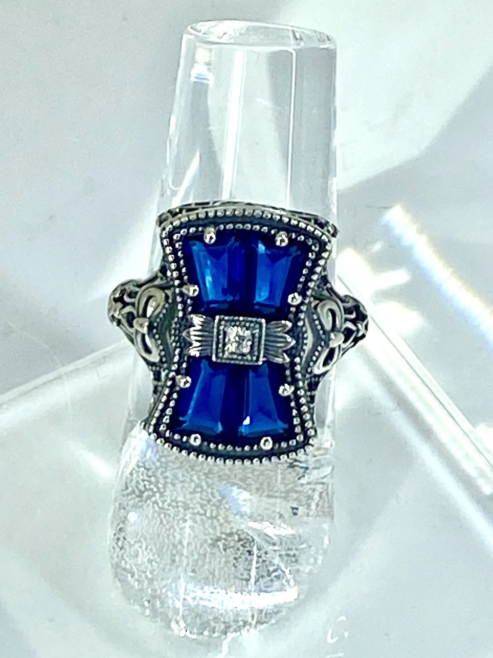 Blue Sapphire Ring, Versailles Sterling Silver Bow & Baguette CZ Ring, Baroque Jewelry D595