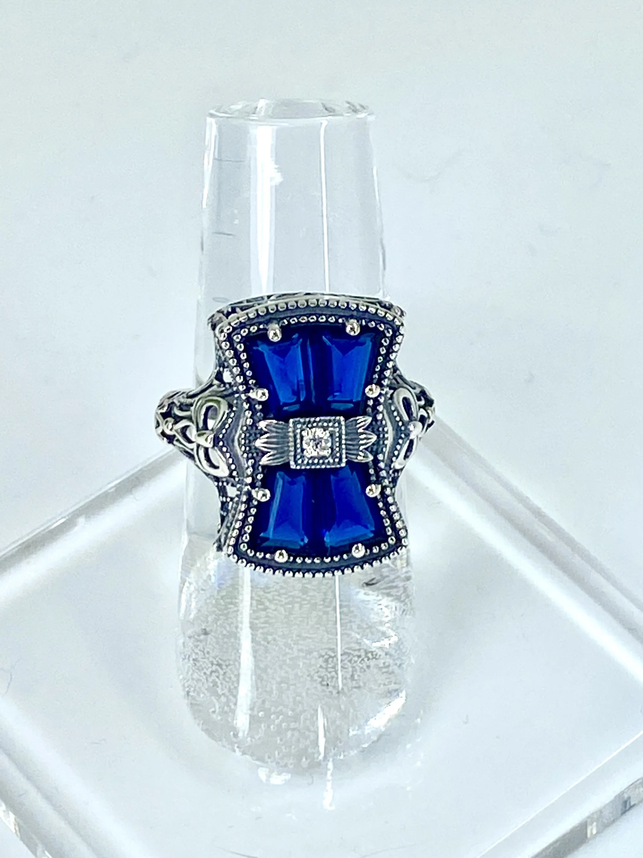 Blue Sapphire Ring, Versailles Sterling Silver Bow & Baguette CZ Ring, Baroque Jewelry D595