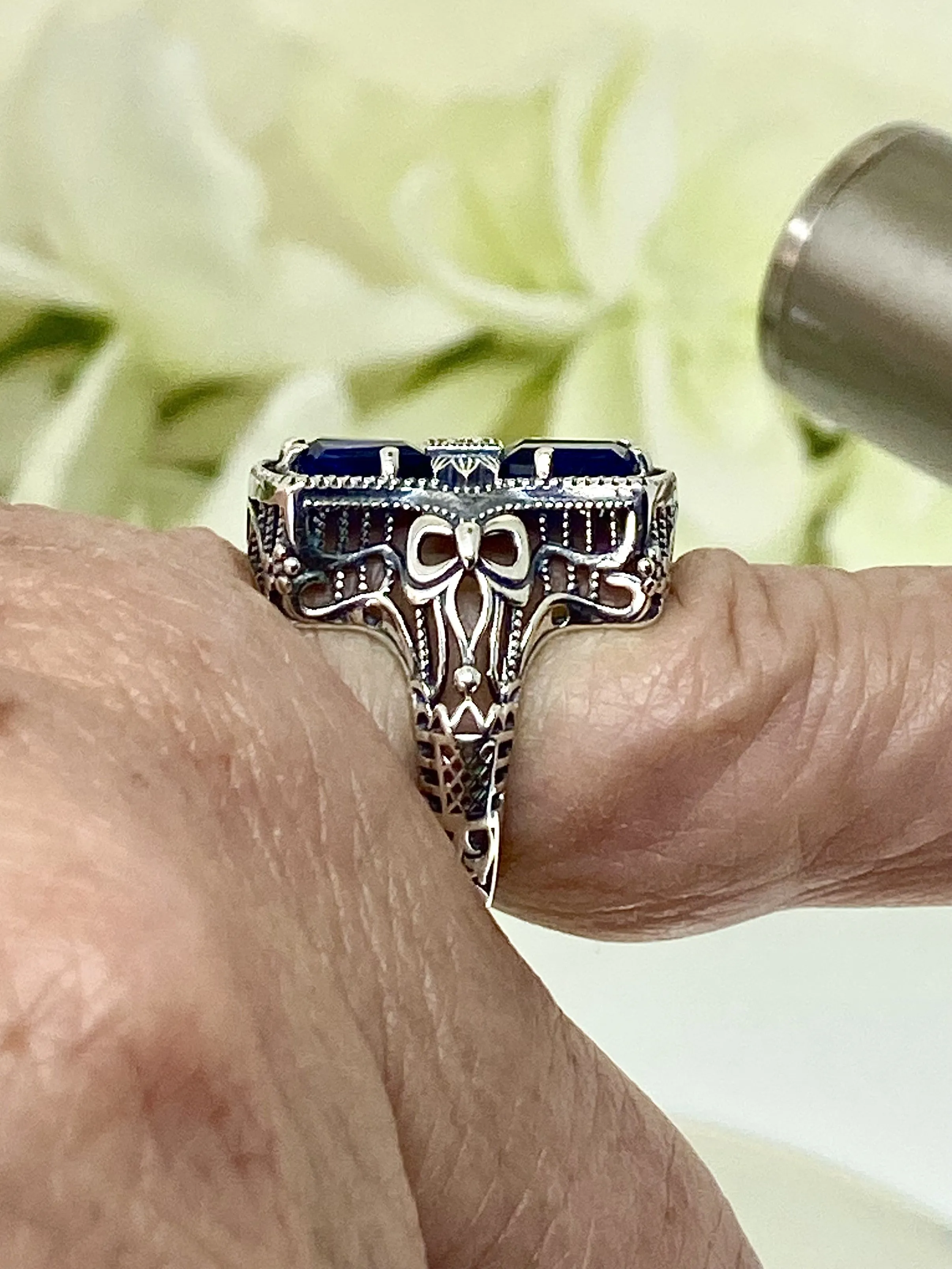 Blue Sapphire Ring, Versailles Sterling Silver Bow & Baguette CZ Ring, Baroque Jewelry D595