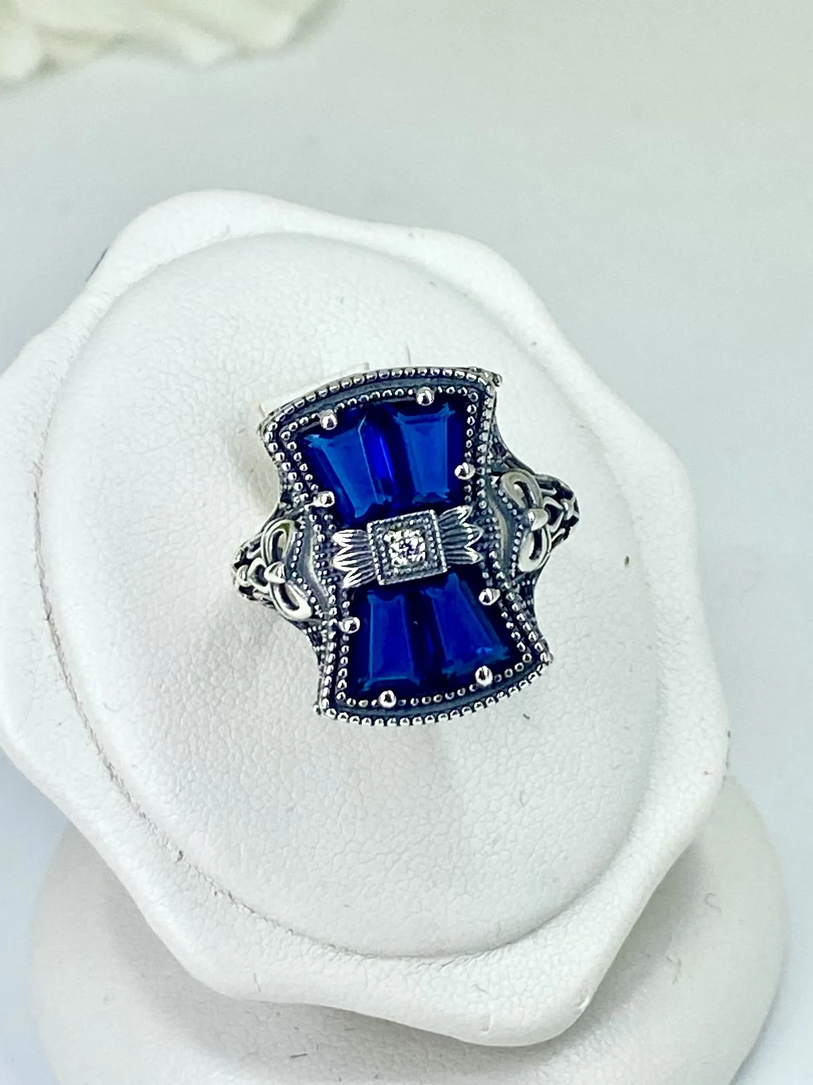 Blue Sapphire Ring, Versailles Sterling Silver Bow & Baguette CZ Ring, Baroque Jewelry D595