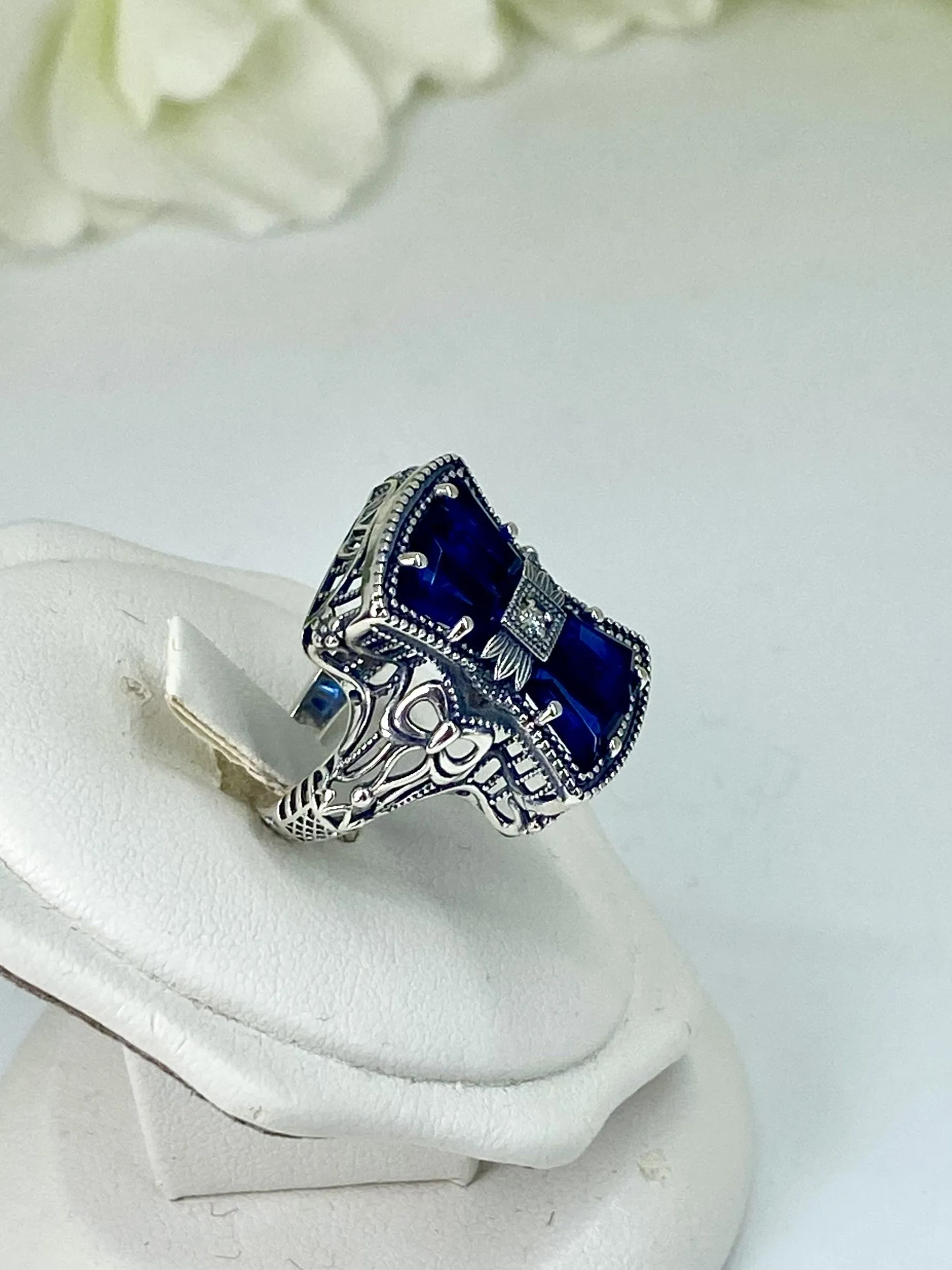 Blue Sapphire Ring, Versailles Sterling Silver Bow & Baguette CZ Ring, Baroque Jewelry D595