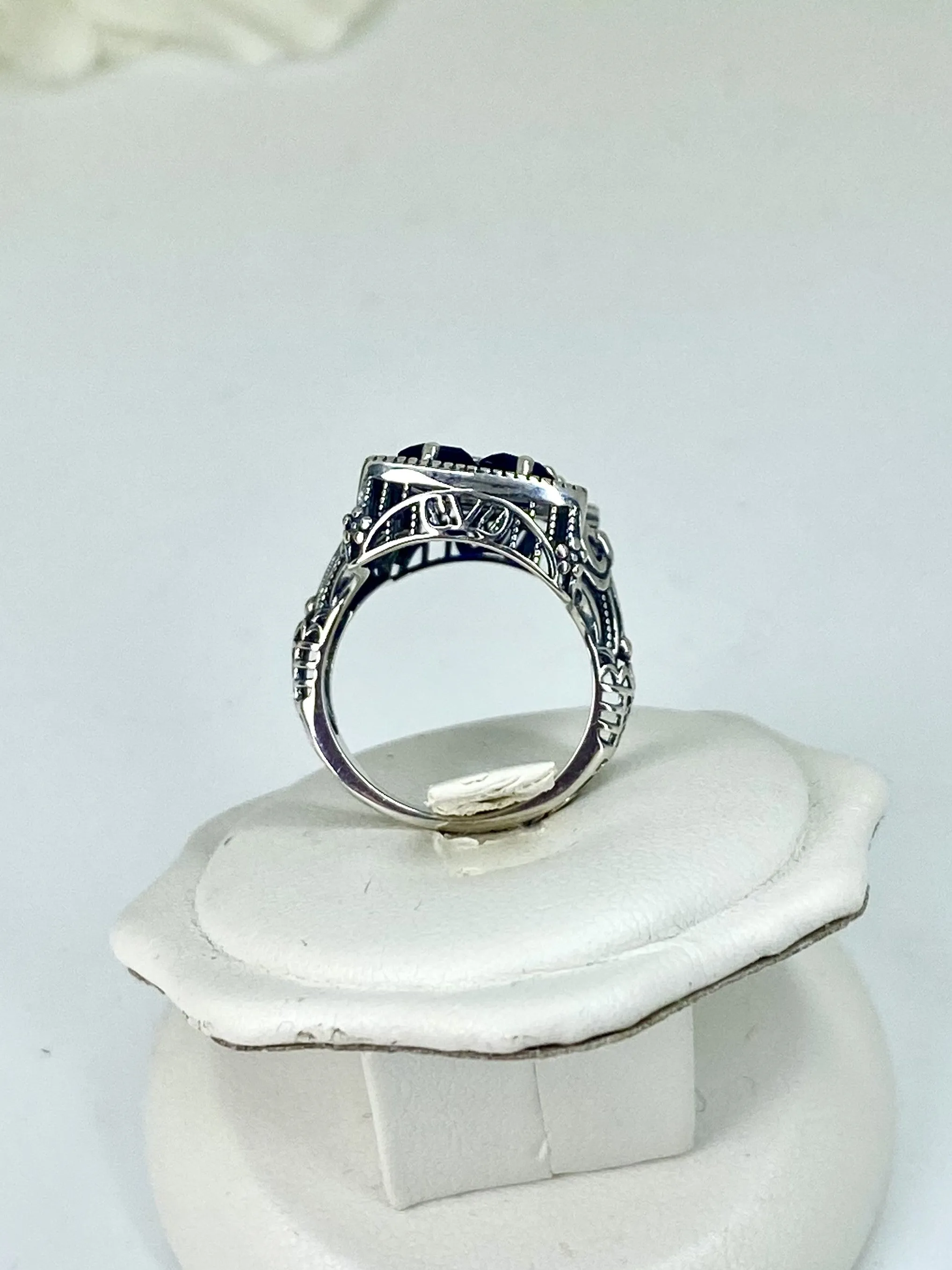 Blue Sapphire Ring, Versailles Sterling Silver Bow & Baguette CZ Ring, Baroque Jewelry D595